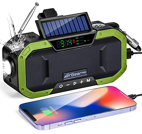 AirGearPro Radio Dynamo Portable de Survie avec Batterie 5000mAh - Chargeur USB pour Smartphone - Lampe Torche, FM/AM - Radio Solaire à Manivelle…