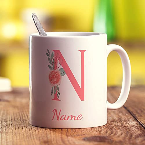 Printster Personalised Pink Floral Initial Mug - Add Any Name - Gift for Birthday-N - 11oz Ceramic Cup