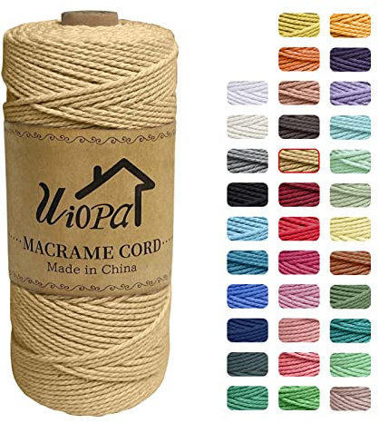 Uiopa Macrame Cuerda 2mm x 200m, Macrame Cuerda 3 Capas Hilo de Macrame, Cordón de Algodón Natural para Manualidades Envolver Regalo Decoración Bohemia