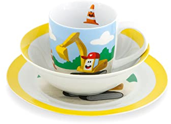 BIOZOYG Porzellan Kinder-Geschirrset I Frühstücksset 3-teilig spülmaschinenfest I Tasse-Teller-Schüssel-Set mit Motiv I Geschenkideen für Kinder I lustiges Kindergeschirr mit Bagger-Bild