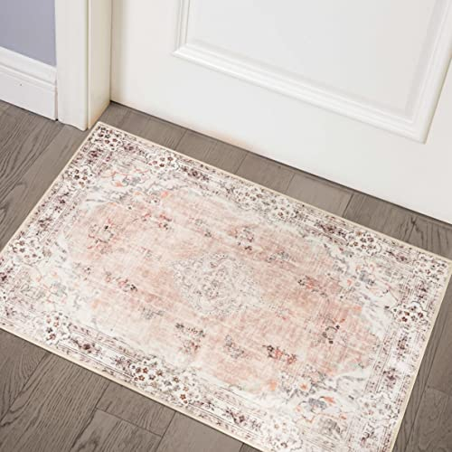 MUJOO Pinker Teppich, kleiner Teppich, Boho, maschinenwaschbar, rutschfest, für Eingangsbereich, Küche, Badezimmer, Schlafzimmer, Vintage, weich, niedriger Flor, 60 x 70 cm, Blumen