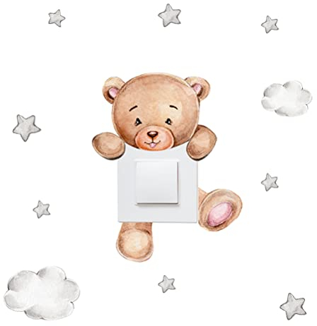 Meokro Adesivo per interruttore a forma di orsetto con stella dei cartoni animati, per camera da letto del bambino, decorazione murale autoadesiva per la casa