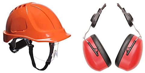 Portwest Endurance Plus Visor Helmet, Size: One Size, Colour: Orange, PW54ORR & Endurance Clip-On Ear Protector, Size: One Size, Colour: Red, PW47RER