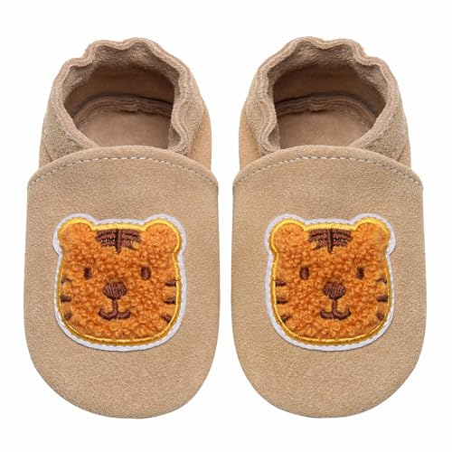 IceUnicorn Baby Lauflernschuhe Krabbelschuhe Baby Mädchen Jungen Lederpuschen Weicher Leder Wildledersohlen Lederschuhe Babys(Khaki Tiger, 12-18 Monate)