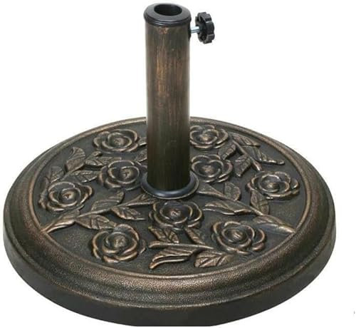 VIVAAS 9KG Garden Parasol Base Round Umbrella Stand Holder Cast Iron Effect With Floral Rose Pattern Heavy Duty 9kg Cast Iron Bronze Flower Floral Design Heavy Duty Patio Outdoor Stand