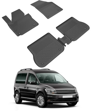 Auto Fußmatten Kompatibel mit VW Caddy 2010-2020 Geruchlos 4.5D Passform Allwetter Automatten 5 Teilige | Antirutschmatte Hoher Rand Gummimatten Schwarz Fussmatten Vorne Hinten Autoteppich