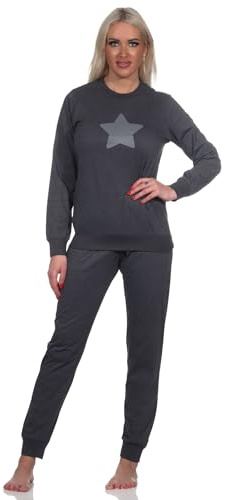 Normann Lässiger Damen Langarm Schlafanzug Pyjama mit Bündchen und Stern Motiv