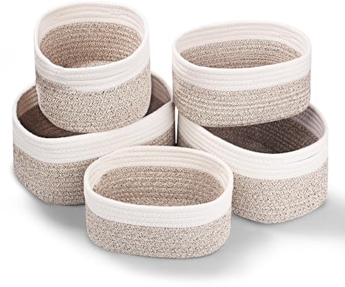 Otauoaea 5 Piezas Cestas Almacenaje Tejidas con Cuerda de Algodón,Cestos Organizadores,Cesta Organizadora Bebe, Cestas Organizadoras para Dormitorio, Baño, Cocina, Armario, Juguetes, Maquillaje
