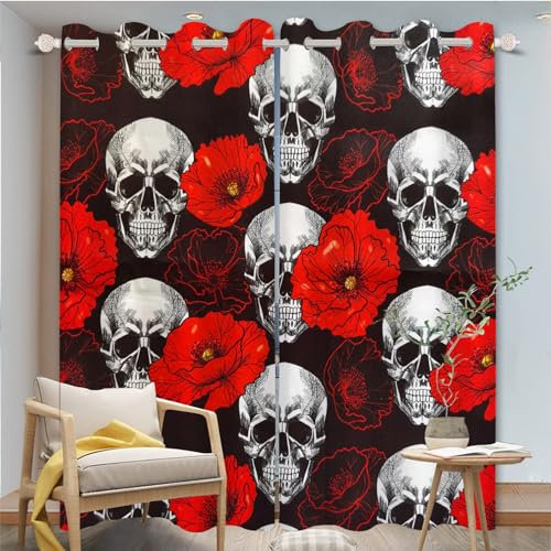 FABTOP Totenkopf Verdunkelungsvorhänge 3D Totenkopf Muster Ösen Vorhang 2Er Set Schädel Rosen Gothic Vorhänge Blickdicht Totenkopf Blumen Gardinen Für Schlafzimmer (3,280×245BxH (140×245cm×2))