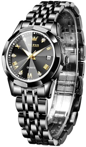 OLEVS Montre Femme Diamant Montre avec Petit Visage Or Argent Bracelet en Acier Inoxydable Étanche Date Montre, Noir