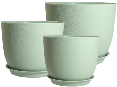 PROFIKLA 20cm, 18cm, 16cm Plastic Plant Pots, Plant Pots with Drainage Holes and Saucers, A Set of 3 Flower Pots, Modern Decorative Planters, Green