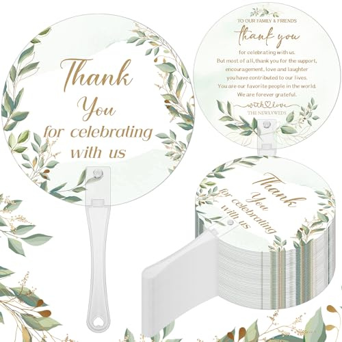CroBlissful 100 Pcs Wedding Hand Fans Bulk Plastic Handheld Wedding Favor Fans for Guests Thank You for Celebrating with Us Greenery Fan with Handle for Ceremony Bridal Shower Party(Leaf)