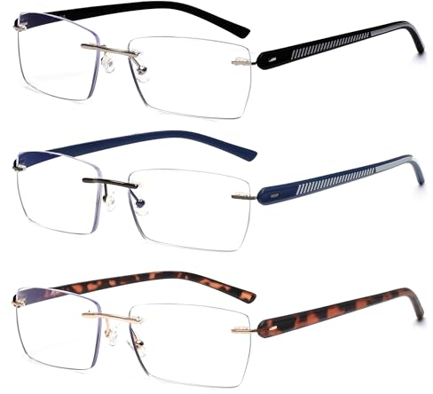 JM 3 Pack Randlose Lesebrille für Männer Blaues Licht Blocking, Rechteck Leichtes Rahmenlose Computer-Lesegeräte +1.75
