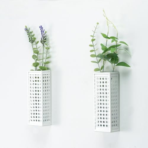 AIM & GGKK 2 Stück Wandvasen Weiß aus Metall für Trockenblumen,Künstliche,Pflanzen,Blumenvasen zur Wanddekoration,Wandblumen,Blumenvase Wand für Wohnzimmer,Badezimmer,Schlafzimmer,Küche