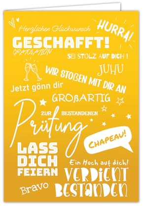 PICTALOO Glückwunschkarte zur bestandenen Prüfung – hochwertige Grußkarte zum Schulabschluss, Geschenk zum Abi, Abitur, Ausbildung, Bachelor, Führerschein, Examen, witzige Karte zur Gratulation (Gelb)