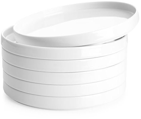 Sweese Flache Dessertteller aus Porzellan, 15,2 - 20,8 cm, Salatteller für Küche, kleine Vorspeisen, kleines Geschirr-Set, mikrowellen- und spülmaschinenfest, kratzfest, elegante weiße Glasur