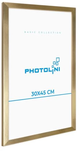 PHOTOLINI Bilderrahmen 30x45 Gold MDF-Holz Poster-Rahmen, bruchsicheres Acrylglas, zum Aufhängen, extra Zubehör - für Fotos & Poster