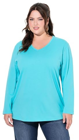 Ulla Popken Damen Shirt, V-Ausschnitt, Relaxed, Langarm Tunika-Shirt, Tiefes Aqua, 58-60 EU