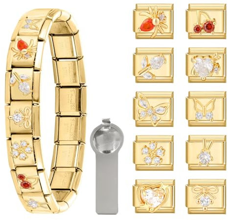 Greenyre 12PCS Italian Charm Bracelet Set,Italian Charms Gold 9mm DIY italienische Armband mit Starter-Armband und Öffnungswerkzeuge,Italian Style Charms Für Damen
