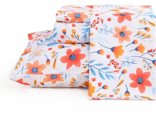 JSD Blue Watercolor Floral Sheet Set Queen Size, 4 Piece Printed Microfiber Bed Sheets Deep Pocket
