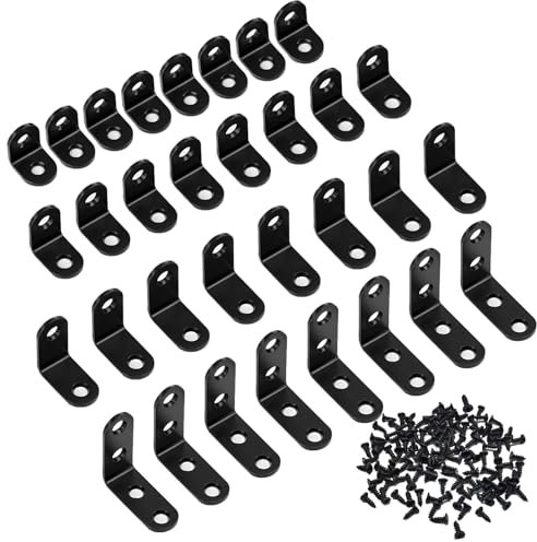 QBXMY7 Kleine L-Halterungen aus Metall für Holz, Eckstreben für Holz, Eckwinkel, schwarze Balken, rechtwinklige Halterungen für Holzmöbel, Regale, Schrank, Stuhl, Schublade, 4 Größen/mit Schrauben, 32