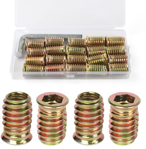 FOMGIIN Insert Fileté Bois M10 x 20mm, 20 Pièces Insert à Vis, Écrous à Visser, Inserts D'écrou Borgne Ecrou Hexagonal, Douille Filetée Visser Metal Zinc Intérieur Manchons, pour Meubles en Bois