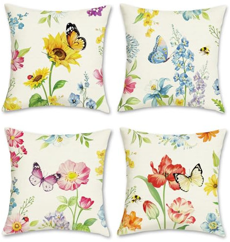 Bonhause 4er Set Kissenbezüge Blumen 45 x 45 cm Garten Blume Schmetterlinge Polyester Leinen Dekorative Kissenhülle Zierkissenbezüge für Sofa Zuhause Dekoration