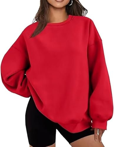 LACOZY Crew Neck Sweater Women Oversized Fleece Lined Sweatshirt Long Sleeve Crewneck Shirts Fall Outfits Red XL