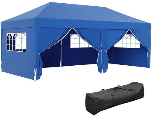 Outsunny Gartenlaube für den Außenbereich Klappbare Gartenlaube 3 x 6 m Pop-up mit 6 Seitenwänden, Drainagelöchern, inkl. Tragetasche, faltbares Barnum für Camping Festival Hochzeit, blau