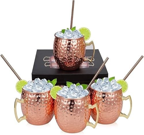 Wylnsie Set of 4 Handmade Hammered Copper Moscow Mule Mugs, Includes 4 Straws, Perfect for Home, Bar, Party, Gift Set