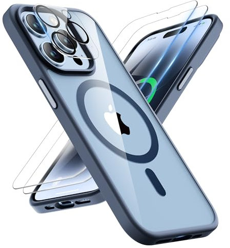 ORETECH Magnetisch Hülle für iPhone 14 Pro mit 2 Schutzfolie+1 Kameraschutz, Kompatibel mit Mag-Safe, Stoßfest Kratzfest Transparent Rückseite Handyhülle für iPhone 14 Pro Hülle 6,1 Marineblau