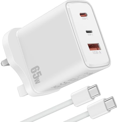 65W USB C Charger,3-Ports Laptop Fast Wall Charger With 2M TypeC Charging Cable for HP/Dell/ThinkPad/MacBook Pro Air Computer, for iPhone 16 15 Pro Max,Galaxy S25 S24 S23 Ultra,Steam Deck,Switch,etc