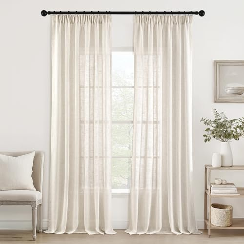 MIULEE Gardinen mit Kräuselband Leinen Vorhang 2er Set Natural 300x140 cm | Halbtransparent Leinenoptik Schiebevorhang, Modern Voile Vorhänge für Wohnzimmer Schlafzimmer