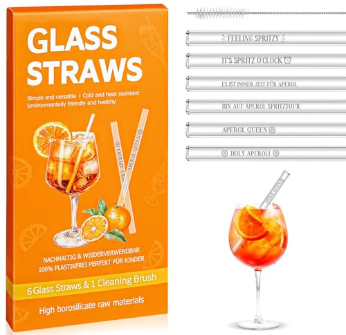 TUZELIYA Aperol Geschenk Glasstrohhalme - 6 Stück gerade 20 cm Aperol Strohhalme und eine Reinigungsbürste für Stroh - Wiederverwendbares, Graviertes Glasstrohhalm-Set
