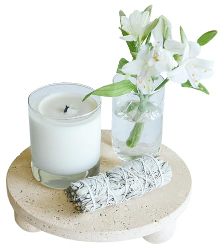 100% Natural Travertine Footed Tray – Round Stone Display Pedestal Stand Riser with 3 Ball Legs, Neutral Decorative Catchall for Vanity, Kitchen, Bathroom, Living Room, Soap, Perfume, Candle, 7.9''