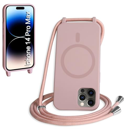 FMPCUON Magnétique Coque avec Cordon pour iPhone 14 Pro Max, [Compatible avec MagSafe] Etui Collier Réglable Téléphone Étui Portable Lanyard Case Protection Complète Cover,Rose