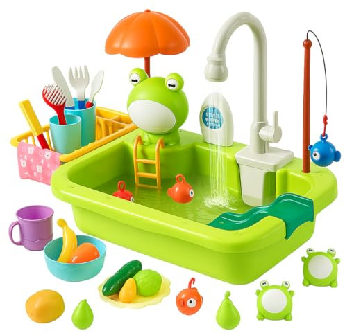 Toyana 30 PCs 2 in 1 Play Sink with Running Water Tap & Fishing Game, Electric Faucet, Plastic Fruits Veggies, Kitchen Utensils Accessories Set, Pretend Play Dishwasher Gift Toy for Toddlers Ages 3+