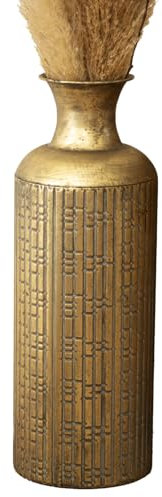 Gold Metal Large Floor Vase – 19x56x19cm Tall Embossed Geometric Design Bottle for Dried Flowers & Pampas