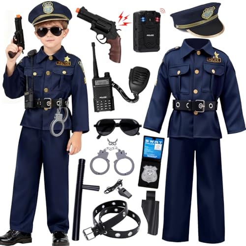 Mishopy Polizei Kostüm Kinder mit Zubehör Mütze Gürtel Polizei Ausrüstung Spielzeug Recorder Handschellen Sonnenbrille Walkie Talkie Halloween Karneval Kostüm für Jungen Mädchen