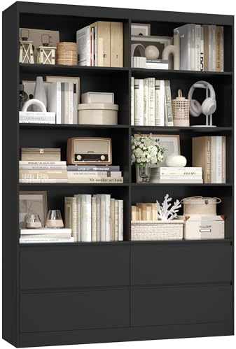 FirFurd 180 cm hohes Bücherregal mit 4 Schubladen und 8 Fächern, Bücherschrank Hochschrank groß, küchenregal Regal Holz, Vitrine Mehrzweckschrank für Wohnzimmer Büro Küche, 180 x 120 x 30 cm, Schwarz
