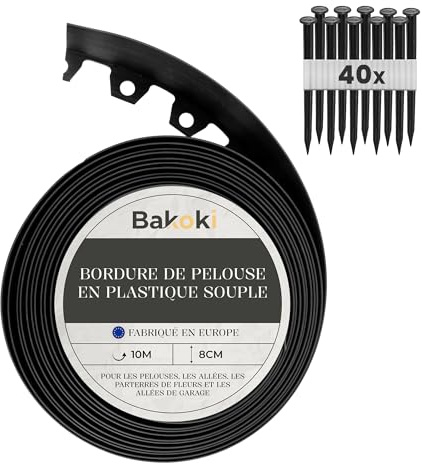 BAKOKI Flexibel rabattkant (10 m | 40 markankare | 8 cm höjd) svart plast väderbeständig gräsmatta gräns, rabattkant rund – blomrabattkant – klippkant