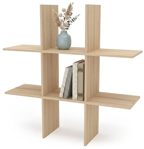 Spetebo Holz Wandregal 55 x 55 cm schwebend mit 6 Fächern - Natur - Schweberegal im Würfel Design mit Melamin Furnier - Hängeregal Bücherregal Dekoregal Pflanzenregal Regal für Wandmontage
