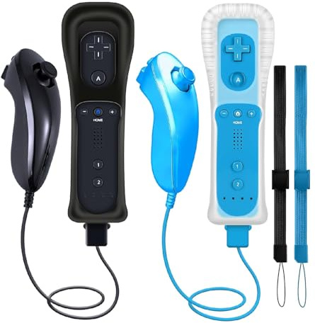 WKOLF Set di telecomandi di ricambio (2 set, 8 pezzi, nero e blu) per console Nintendo Wii/Wii U con Motion Plus, 2 pezzi (telecomandi + joystick analogici + custodia in silicone + cinturino da polso)