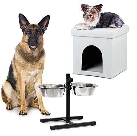 Relaxdays 2 TLG Set Home Sweet Hund Deluxe XL, Hundebox weiß, Sitzhocker mit Tierhöhle, Doppelnapf höhenverstellbar, Futterstation