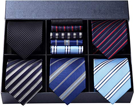 HISDERN Herren Gestreifte Krawatte Einstecktuch Lot 5 Stück Klassische Krawatten Set Seide für Männer Hochzeit Krawatte & Taschentuch mit Geschenkbox
