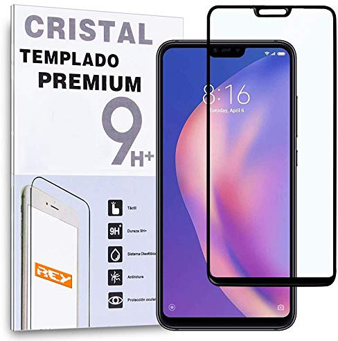 REY - Protector de Pantalla Curvo para XIAOMI MI 8 Lite - MI8 Lite, Negro, Cristal Vidrio Templado Premium, 3D / 4D / 5D