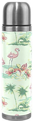 BEUSS Palmo Fenicottero Fresco Acqua Bottiglia d'Acqua Boccetta di Vuoto Isolata in Acciaio Inossidabile Matraccio Sottovuoto Imballaggio in Pelle(500 ml)