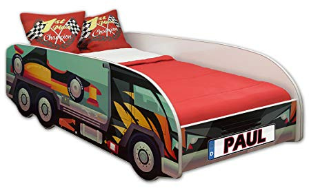 ACMA Kinderbett LKW Truck 140x70 cm Autobett Juniorbett für Kinder ohne Matratze und Lattenrost, Spielbett ohne Rausfallschutz, Kinderzimmer Bettmöbel, Design 07 Formel-1-Transporter + Name