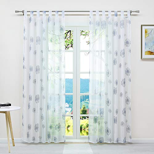 ESLIR Gardinen mit Schlaufen Vorhänge Fensterschal Transparent Schlaufenschal mit Löwenzahn Muster Voile Weiß BxH 140x225cm1 Stück