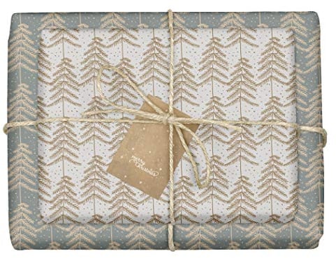 dabelino® Geschenkpapier Weihnachten Tannenbäume: 4x Bögen + 4x Anhänger Set (umweltfreundlich, öko, modern, edel, grau, braun, für Erwachsene, Winterwald, zweifarbig, Weihnachtsgeschenkpapier)